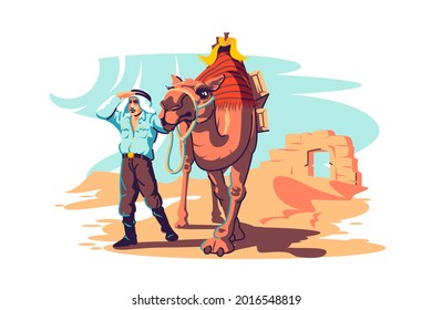 Man with camel explore desert vector illustration. Archaeological site, tired man on desert road flat style. Discovery and exploration, treasure hunting concept. Isolated on white background