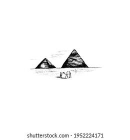 Man with a camel in front of the pyramids. The way through the desert. Hand-drawn sketch.Vector illustration.