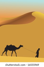 Man with a camel on desert