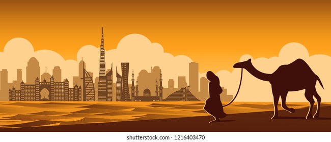 man and camel walk in desert nearby dubai famous landmark,vintage color