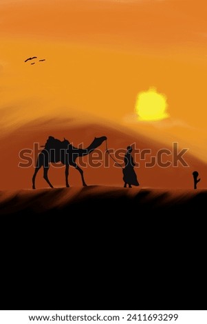 A man with a camel walking in the desert field at dusk