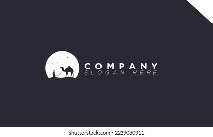 man and camel walking on desert with moon and star Monogram logo and Icon for branding