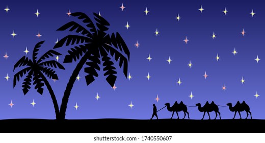 Man with camels on the background of palm trees and the night sky.
