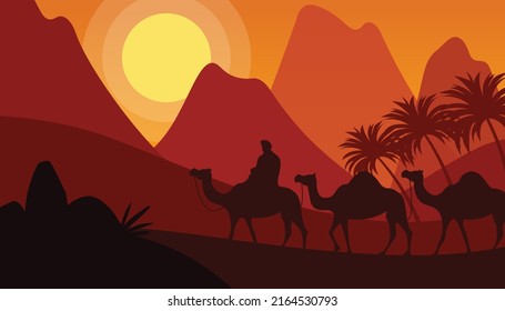 Man with camels walking in the desert in the evening vector illustration suitable for multiple purpose