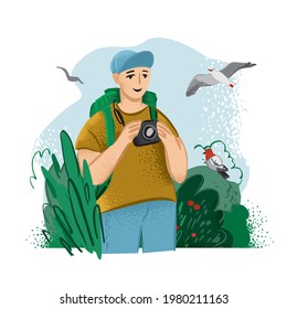 Man with a camera in his hands is watching a bird in nature. Study of animal in the wild nature. Birdwatching. Photo hunting in the summer. Healthy and eco-friendly hobby. Cartoon vector illustration