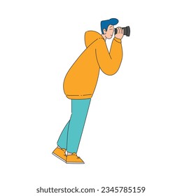 Man with Camera Looking Far at Something Interesting Vector Illustration