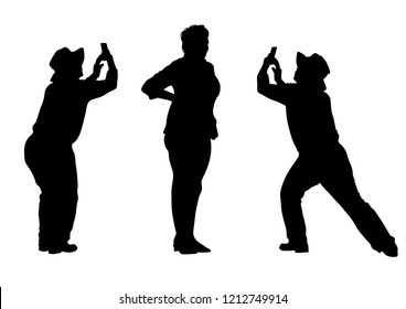 Man with camera and model on white background