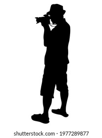 Man with a camera on street. Isolated silhouettes of people on white background