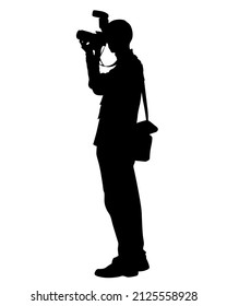 Mann mit einer Kamera auf der Straße. Isolierte Silhouetten von Menschen auf weißem Hintergrund