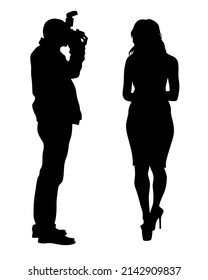 Man with a camera on street. Isolated silhouettes of people on white background