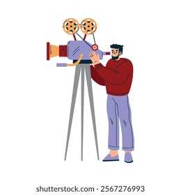 Man with Camera on Tripod at Shooting Film Movie Production Scene Vector Illustration