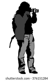 Man with a camera on white background