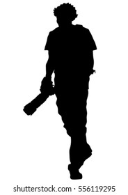 Man with a camera on white background