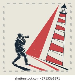 Hombre con cámara fotografiando haz de faro en estilo vintage Palabras claves: hombre, cámara, fotógrafo, faro, haz, luz, mar, costa, marítimo