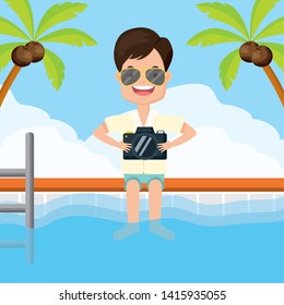 man with camera in pool vacations summer time vector illustration