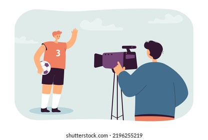 Man With Camera Recording Interview With Soccer Player. Press Conference Of Male Professional Footballer Flat Vector Illustration. Sport News Concept For Banner, Website Design Or Landing Web Page