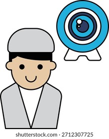 A man with a camera is smiling. The camera is a webcam. The man is wearing a suit