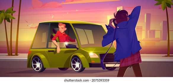 Man with camera take photo of driver sitting in green car. Vector cartoon tropic landscape of city on sea coast at sunset, road and vehicle with person pose for photograph