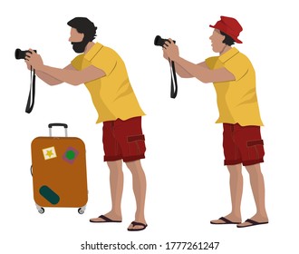 A man with a camera takes a photo, a photographer, a tourist.  Vector illustration in cartoon style, isolated on a white background.