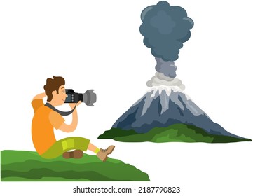 Man With Camera Takes Photo Of Volcanic Landscape. Guy Traveler Looks At Dormant Volcano. Travel And Exploration Of Nature. Outdoor Recreation Place With Abstract Panoramic View. Rock Pinnacle Crater