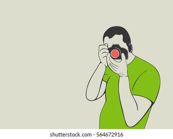 A man with a camera takes a picture or record video. Journalist, blogger or a tourist. Vector illustration.