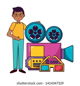 man camera ticket 3d glasses film movie vector illustration