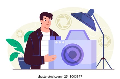 Homem com câmera. Jovem no estúdio tira foto. Fotógrafo com equipamento de estúdio, caixa macia. Passatempo e lazer, ocupação profissional. Ilustração de vetor plano isolada no plano de fundo branco