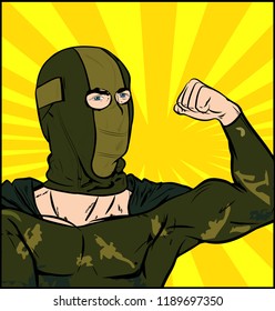 Man with camo hat mask Balaclava Military Army Camouflage Tactical Hunt Bonnet Shows Off Biceps He Built. Vector illustration in retro comic book style. Vector pop art background 