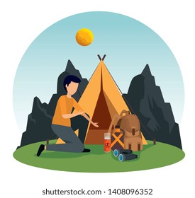man with camp and backpack in the nature mountains