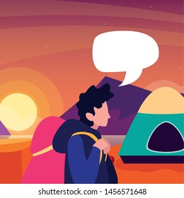 man camp tent landscape talk bubble