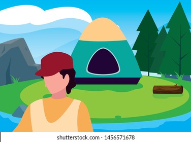man camp tent river forest landscape