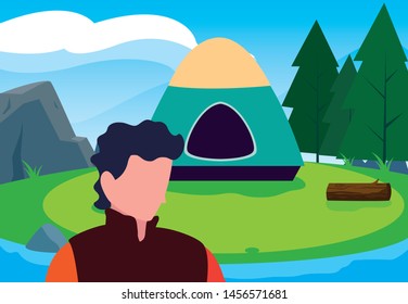 man camp tent river forest landscape