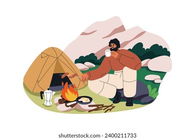 Man camper cooking, frying food at campfire, bonfire. Happy hiker making eggs, sausages at tourists fire in nature, relaxing near tent. Flat graphic vector illustration isolated on white background