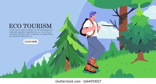 Man camper enjoys walking tour through forest or park. Woodland landscape. Eco tourism and camping banner, landing page, flyer with a character and wilderness area panorama. Traveller with backpack.