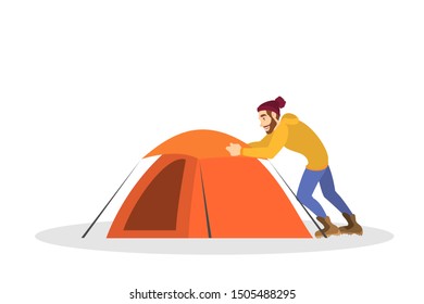 Man camper install tent in the park. Summer outdoor activity and adventure. Tourist prepare tent. Vector illustration in cartoon style
