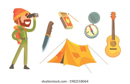 Man Camper Looking in Binoculars and Camping Equipment Vector Set