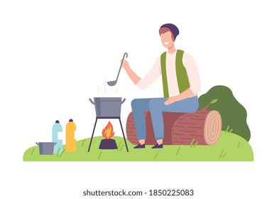 Man Camper Sitting on Log at Campsite and Boiling Soup in Caldron Vector Illustration