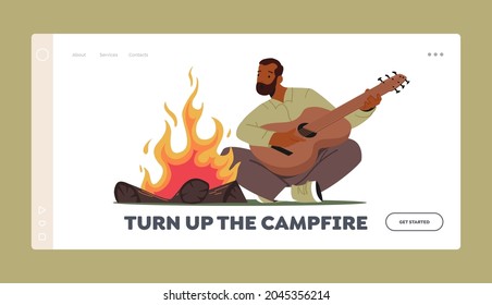 Man at Campfire Singing and Playing Guitar Landing Page Template. . Active Tourist Male Character Sparetime in Summer Camp. Leisure, Vacation Hiking or Traveling Adventure. Cartoon Vector Illustration