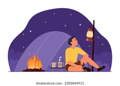 Man Camping Alone on Night Time and Sitting in Front of Camping Tent