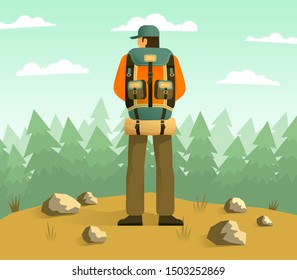 Man With Camping Backpack Back View Against The Backdrop Of A Forest. Vector Illustration.