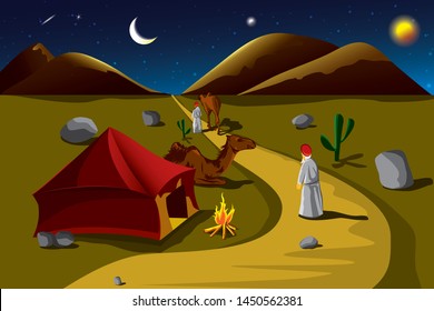 A man camping with camel and another man walking with another camel on the desert in night sky background in vector illustration