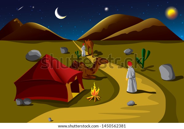 夜空の背景にラクダとキャンプをしている男性と 別の男性が砂漠で別のラクダと歩いているベクターイラスト のベクター画像素材 ロイヤリティフリー