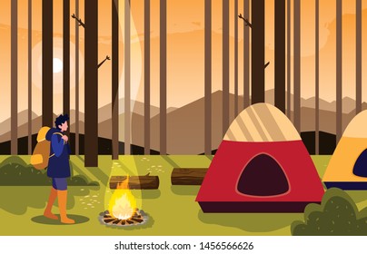 man camping campfire forest tent