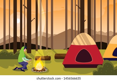man camping campfire forest tent
