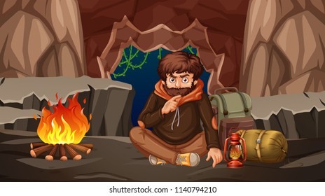 A man camping in a cave illustration