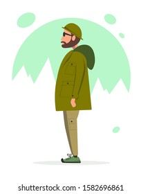 A man in camping clothes with glasses standing on a background of snow-capped mountains. Flat vector illustration.