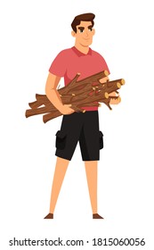 Man camping, holding firewood for campfire. Guy traveling on adventure, trekking stopping to make bonfire with logs. Tourist outdoor scene vector illustration. Male character on white background.