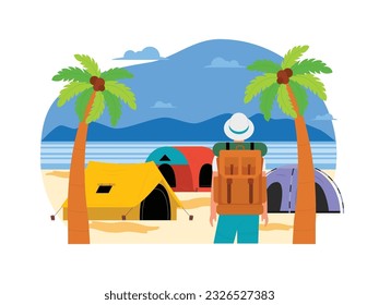 A man camping on the beach, there are some tents already set up, camping vector illustration.