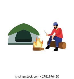 man camping on the side of campfire