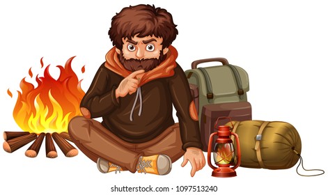 Un hombre acampando en la ilustración de fondo blanco